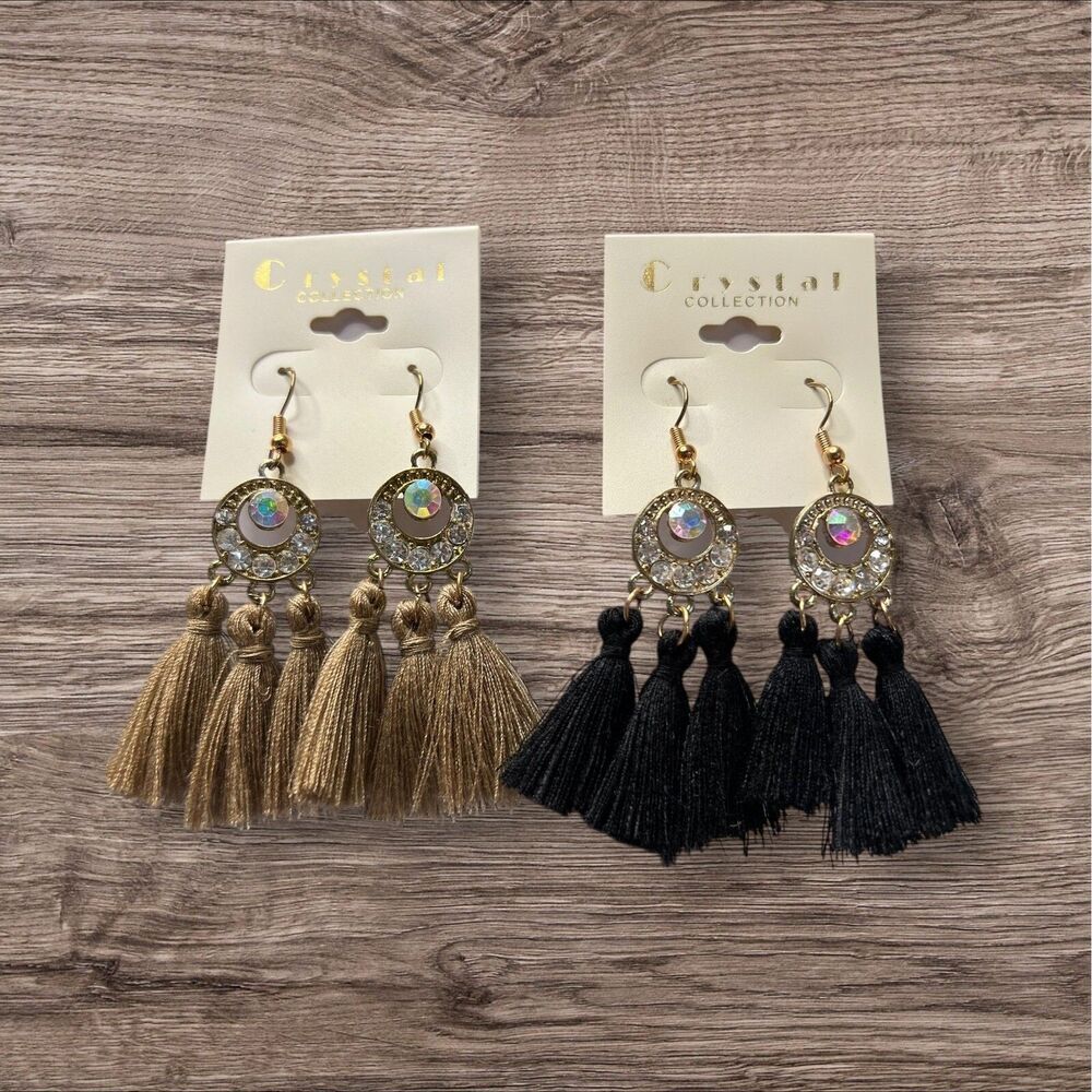 Set of 2 Crystal Collection Tassel Earrings Rhinestone Dangle Drop Boho‎ Chic